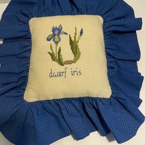 Hand-Made Pillow with Hand Crossed Stitch Dwarf Iris Design.
